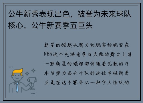 公牛新秀表现出色，被誉为未来球队核心，公牛新赛季五巨头