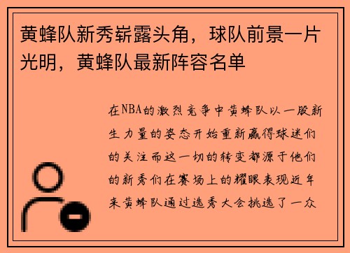 黄蜂队新秀崭露头角，球队前景一片光明，黄蜂队最新阵容名单