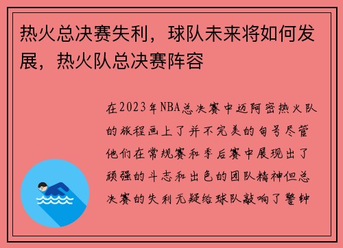 热火总决赛失利，球队未来将如何发展，热火队总决赛阵容