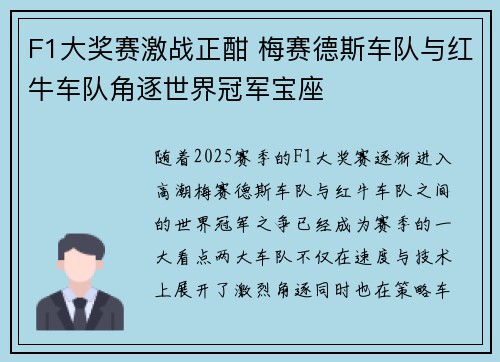 F1大奖赛激战正酣 梅赛德斯车队与红牛车队角逐世界冠军宝座
