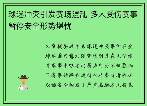 球迷冲突引发赛场混乱 多人受伤赛事暂停安全形势堪忧